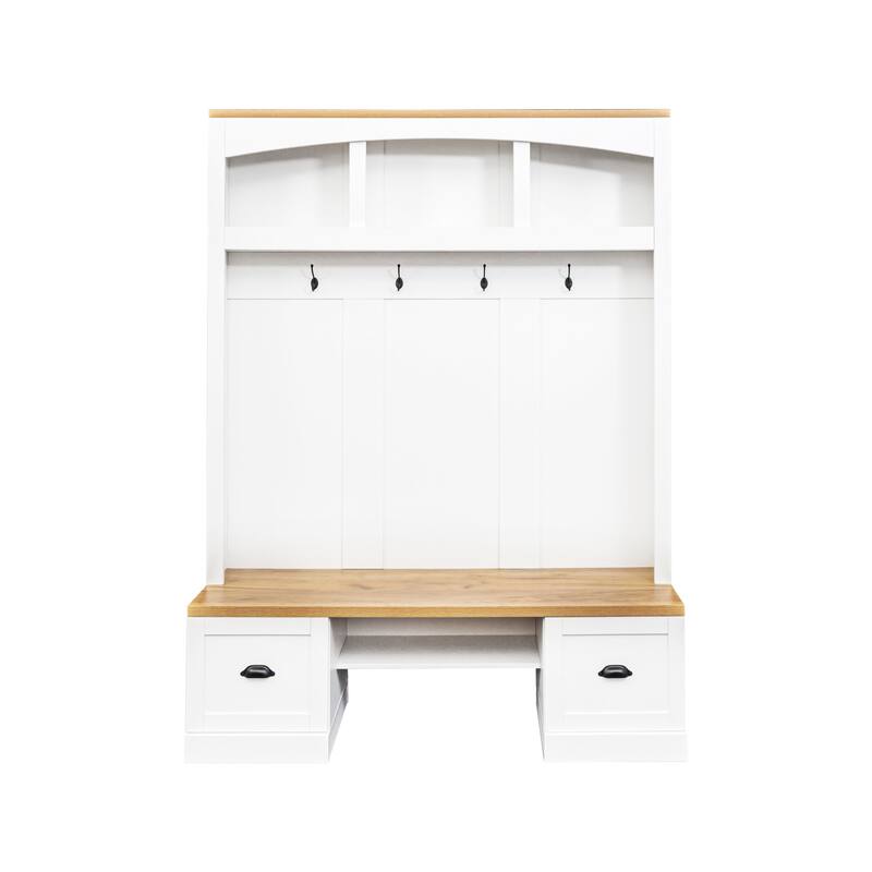 Farmhouse Hall Tree with Wood Grain Bench, Hooks and Bottom Cabinets