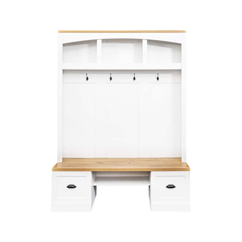 Hall Tree Entryway Cabinet with Wood Bench & Hooks, Coat Rack Storage Cabinet with Adjustable Shelves