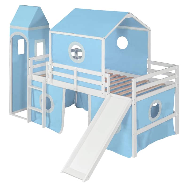 Full/Twin Size Loft Bed with Slide, Pink Tent, Tower, Playhouse Design - Sturdy Solid Wood Construction, Storage Space