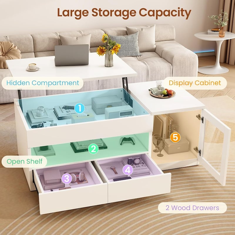 Lift Top Coffee Table 2 Drawers Glass Storage Cabinet Coffee Tables Living Room