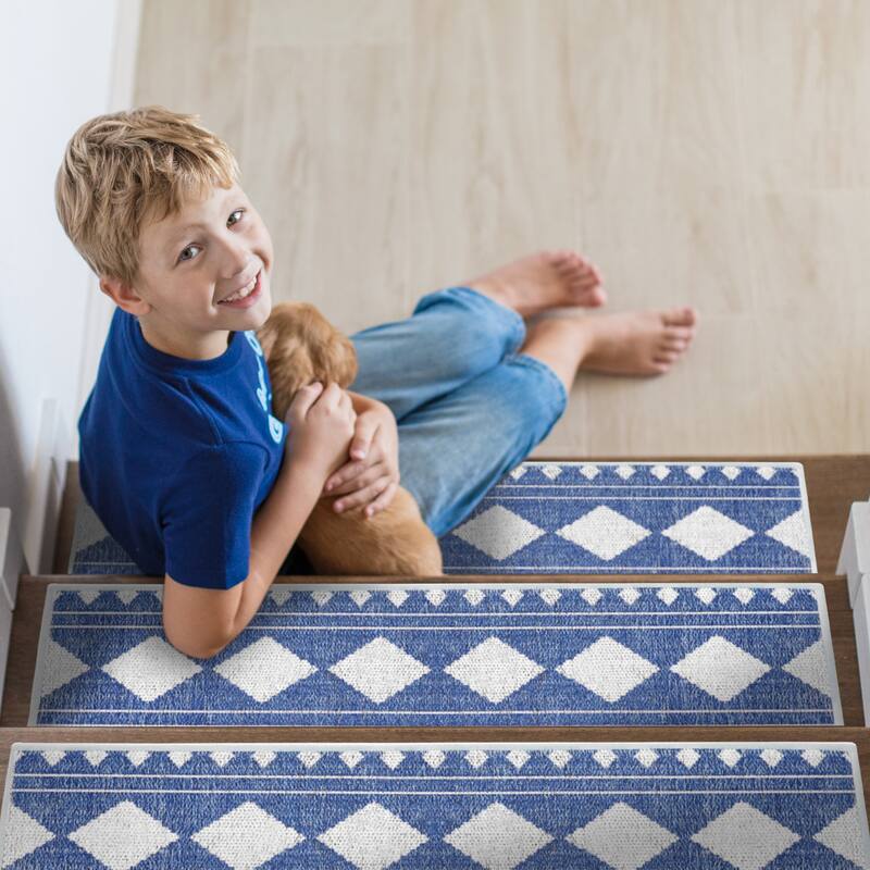 SussexHome Diamond Design 9" X 28" Stair Treads - 70% Cotton Anti-Slip Carpet Strips for Indoor Stairs-with Double Adhesive Tape - 7 PACK - Navy