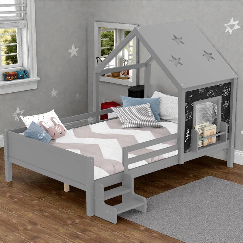 Kids House Platform Bed with Stairs, Star Roof, Window, Bookcase & Blackboard, Solid Wood Low Profile Bed No Box Spring