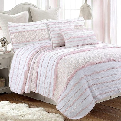 Cozy Line Pretty in Pink Girly Ruffle Pink Cotton Quilt Bedding Set with 2 Throw Pillows