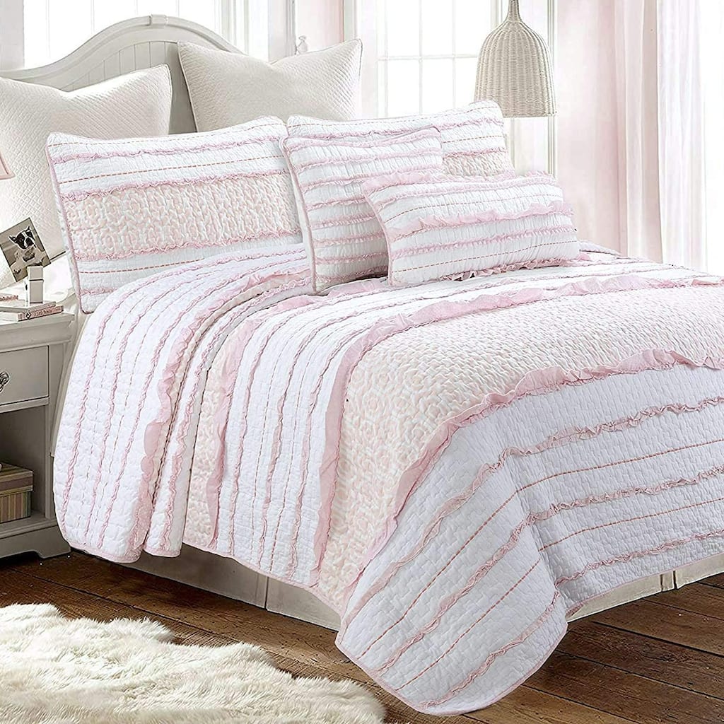 Cozy Line Pretty in Pink Girly Ruffle Pink Cotton Quilt Bedding Set with 2 Throw Pillows