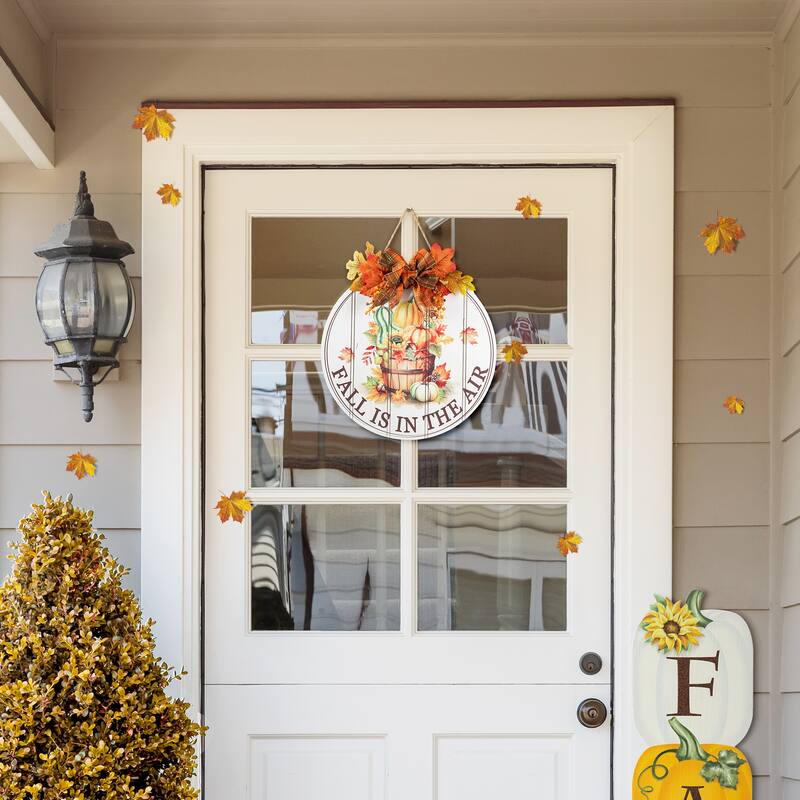 Glitzhome 15"D Hello Fall Wooden Pumpkins Word Sign with Floral Door Hanger