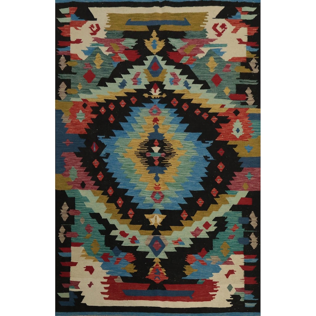Hand Woven Oriental 100% Wool Carpet Southwestern Tribal Multi-Colored Kilim Area Rug - 8' 0'' X 5' 9''