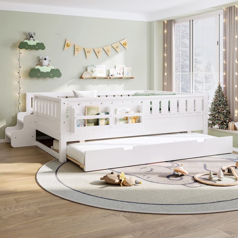 Roomfitters Floor Bed with Bookshelf and Trundle, Low Profile Frame with Step Entry - White - Full