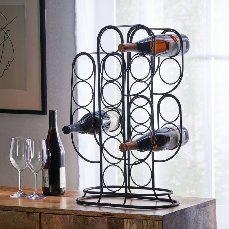 Anmytek Matte Black Cactus Shaped Metal Freestanding Wine Rack Holds 13 Bottles for Home Bar Countertop Display - Black