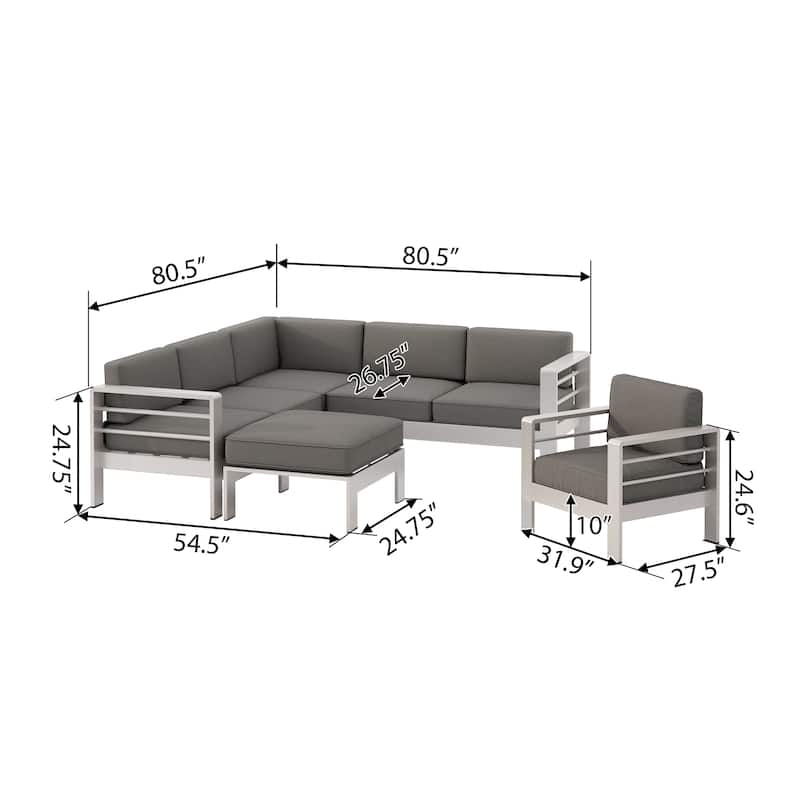 Cape Coral Outdoor 6-Seater V-Shaped Aluminum Sectional Sofa Set with Ottoman by Christopher Knight Home