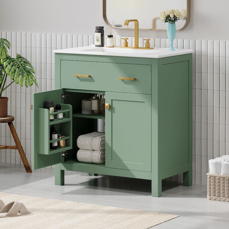 30-inch Bathroom Vanity with Ceramic Sink, Modern Green Single Bathroom Cabinet with 2 Doors and a Shelf, Soft Close Doors