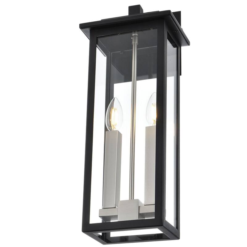 Outdoor Wall Sconce, Exterior Porch Light Wall Mount Lantern, Black and Brushed Nickel Finish with Clear Glass for House