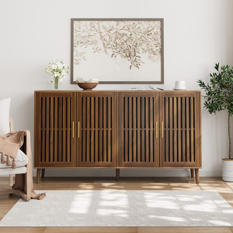 Grille-Striped 4 Doors Sideboard Buffet Cabinet, Accent Storag Cabinet