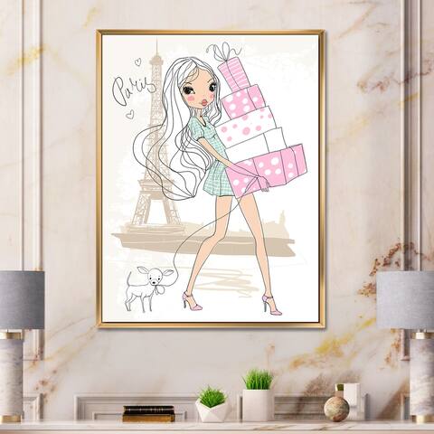 Designart 'Young Girl With Shopping Boxes In Paris' Shabby Chic Framed Canvas Wall Art Print