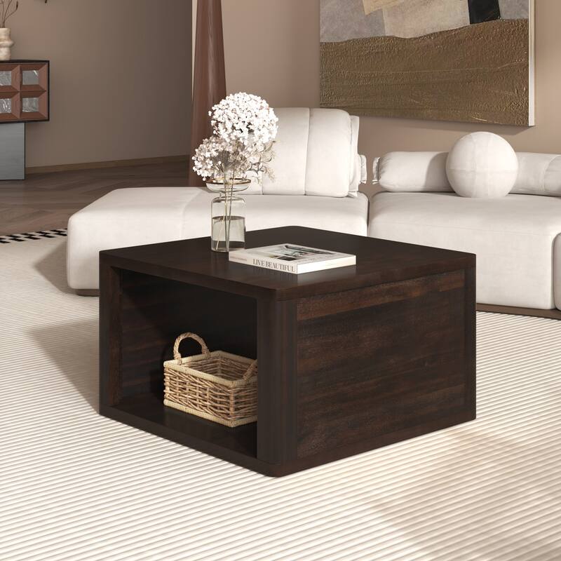 Square Coffee Table for Living Room in Dark Brown Farmhouse Coffee Table with Storage,2-Tier Center Table with Half Ope