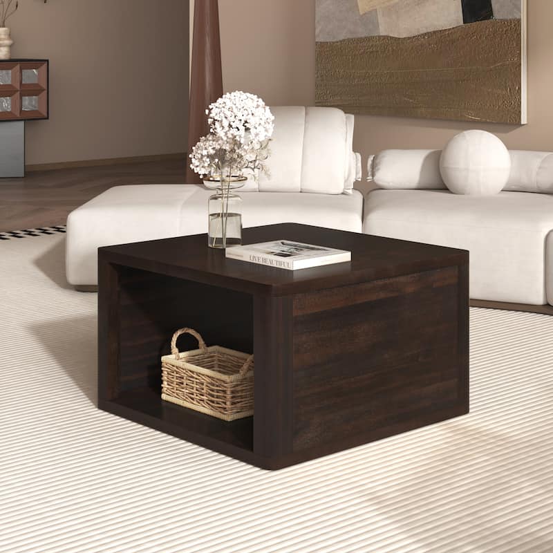 Square Coffee Table in Farmhouse Coffee Table with Storage,2-Tier Center Table with Half Open Storage Compartment in 30.8"