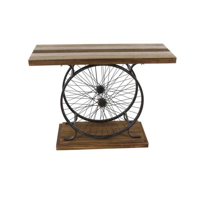 Wood Bike Wide Slatted Top Console Table with Dual Wheel Frame and Tiered Base - Brown or Blue - Roche River Decor - Brown