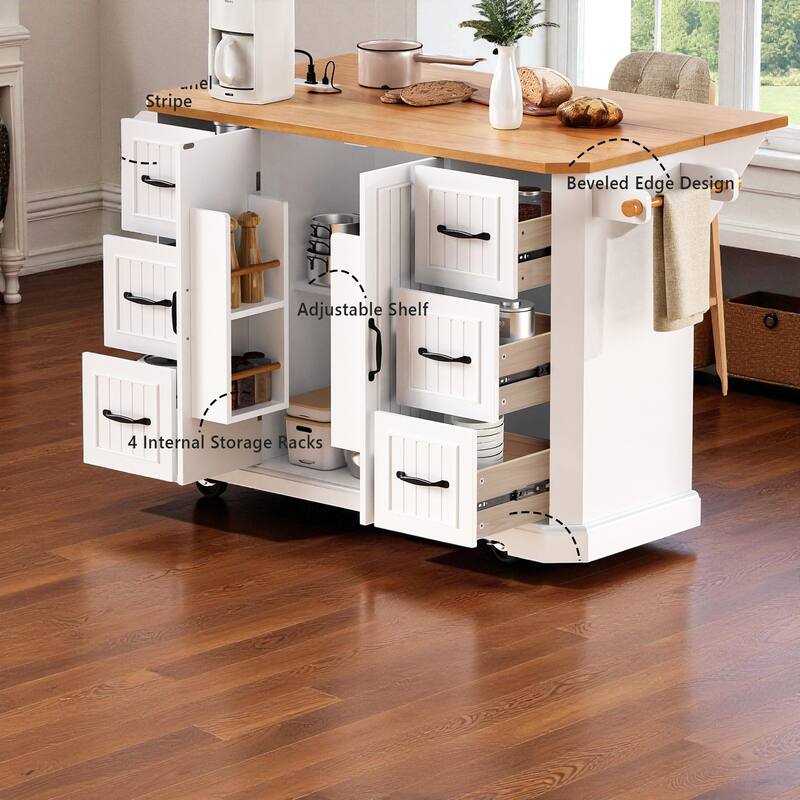56" Kitchen Island with Drop Leaf & Power Outlet, Rolling Storage Cart with Rubber Wood Veneer Top, 6 Drawers & 4 Door Shelves