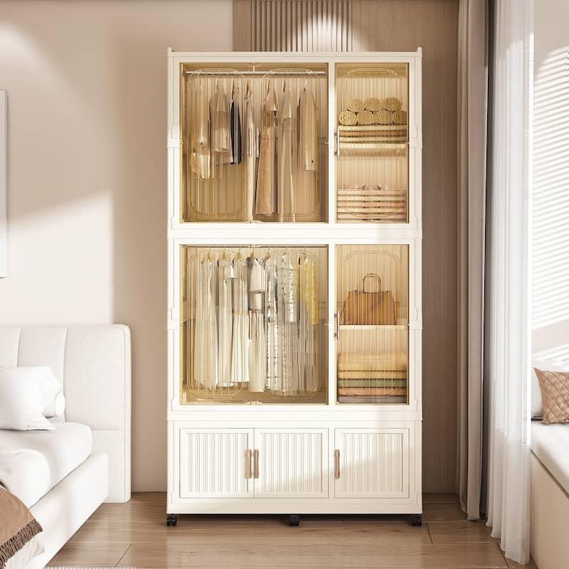 Portable Closet Wardrobe for Renters Students Travelers, Folding Armoire Clothes Cabinet with 9 Cubes & 2 Hanging Rods