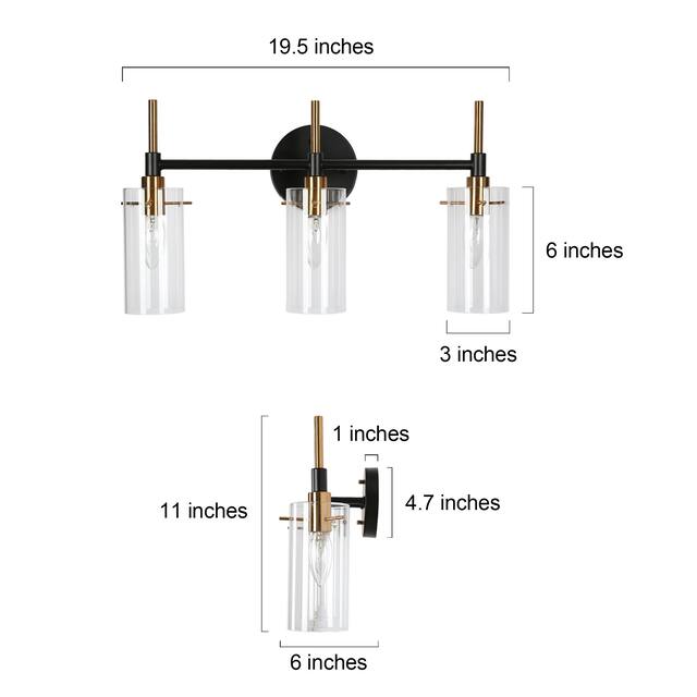 Alva Black Gold 3-Light Modern Vanity Lights Bathroom Light Fixture with Cylinder Shades - 19.5" L x 6" W x 11" H
