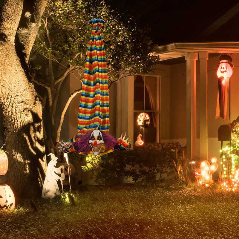 3.8' Outdoor Halloween Decoration Animatronic Hanging Clown Corpse Sound Motion Activated Light Up Eyes Circus Music