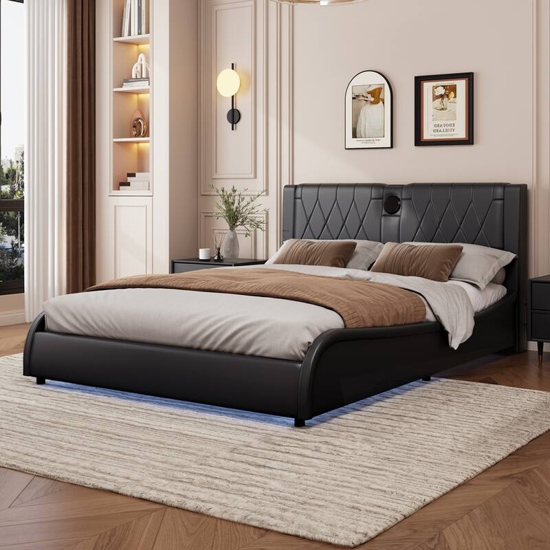 Luxurious Faux Leather Upholstered Platform Bed with Bluetooth Speakers and RGB LED Light - Black - King