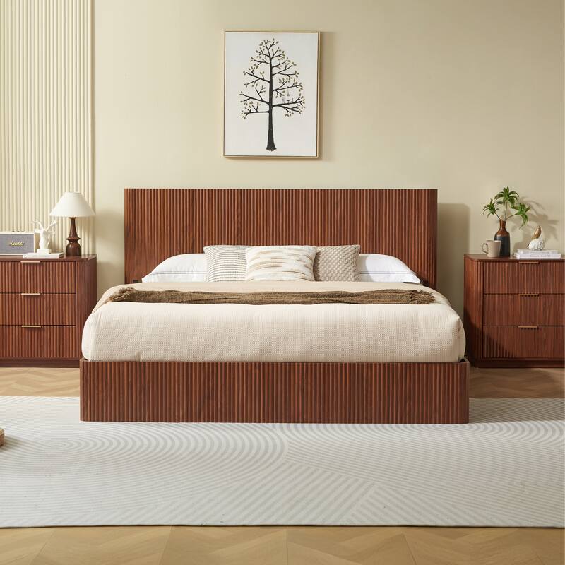 Hydraulic Lift Storage Bed Frame with Headboard/Wooden Corrugated Platform Bed Frame/No Box Spring Needed/Noise-Free Design/King