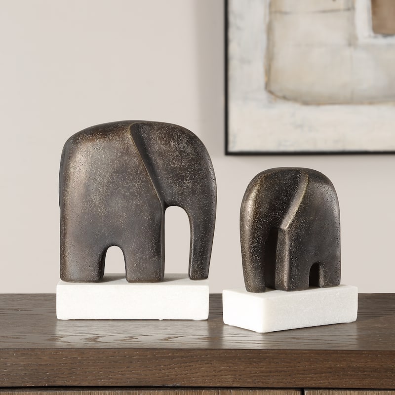 Elephant Sculptures with Marble Base - 9" - Antique Bronze Finish - Set of 2