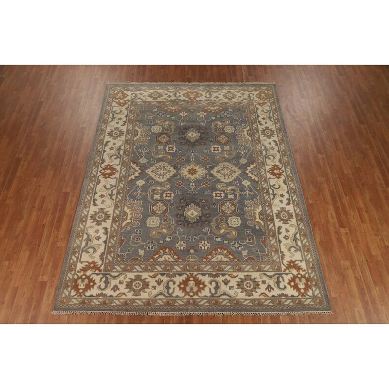 Gray Ivory Oushak Indian Area Rug Handmade Wool Carpet - 7'10" x 10'3"