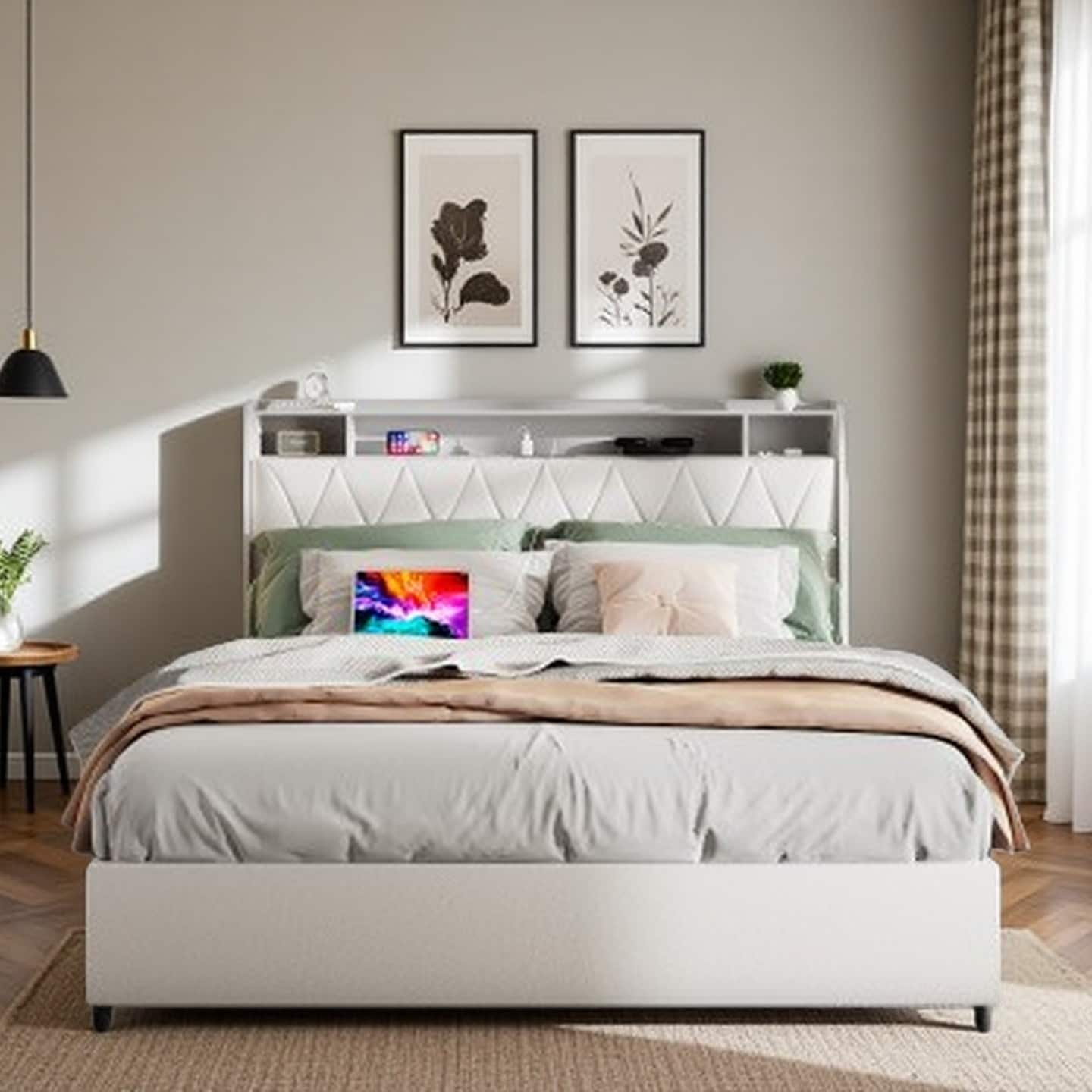 Queen Size Metal Bed Frame with Ergonomic Headboard, Built-in Outlets & Charger, Storage Shelf, Noise-Free Platform Bed