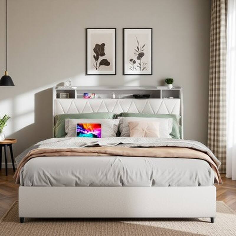 Queen Size Metal Bed Frame with Ergonomic Headboard, Built-in Outlets & Charger, Storage Shelf, Noise-Free Platform Bed