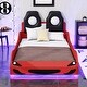 preview thumbnail 15 of 39, Wood Twin Size Race Car-Shaped Kids Platform Bed with LED and Upholstered Backrest, Bedroom Floor Bed Wood Frame for Kids Teens Red
