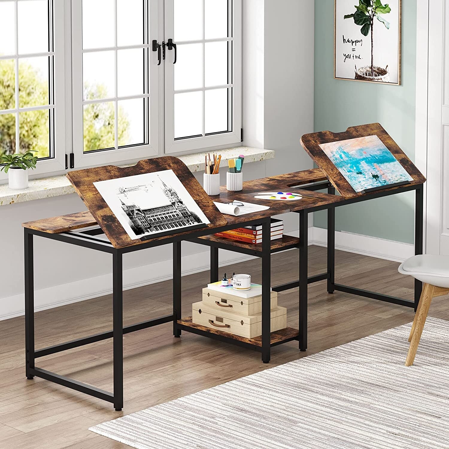 787 Inch Two Person Drafting Table With Storage Shelves 787 Inch Two Person Drafting Table With Storage Shelves