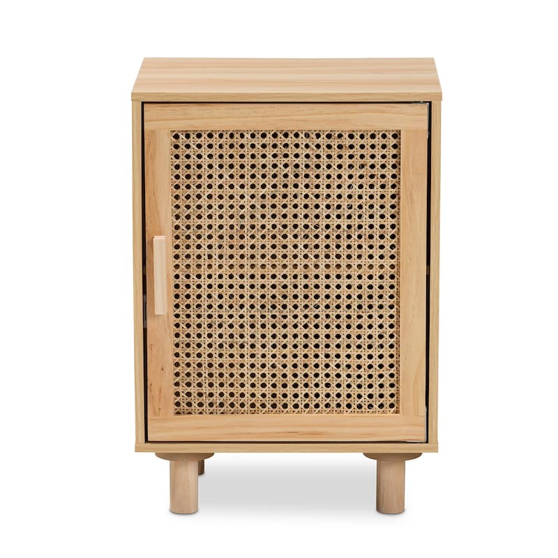 Baxton Studio Maclean Mid-Century Modern Rattan and Natural Brown Finished Wood 1-Door End Table