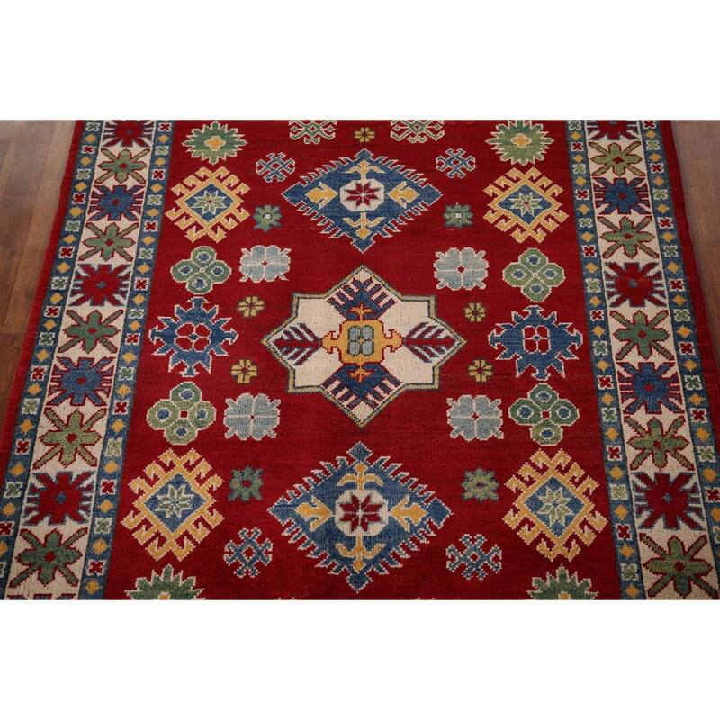 Oriental Kazak Area Rug Hand-Knotted Geometric Red Wool Carpet - 4'0" x 5'8"