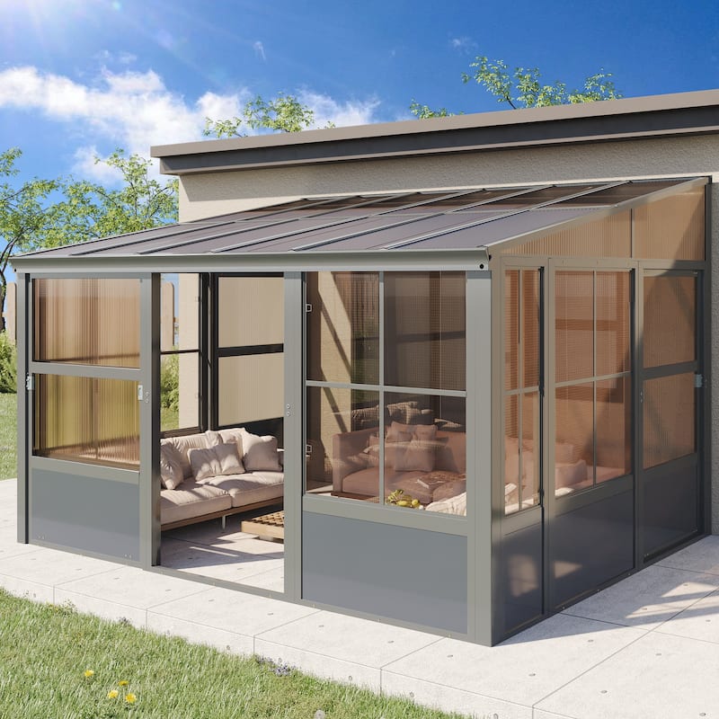 Erommy Wall Mounted Sunroom with Sliding Doors, All-Season Aluminum Patio Gazebo, Outdoor Permanent Sunroom Shelter - 10' x 12' - Grey