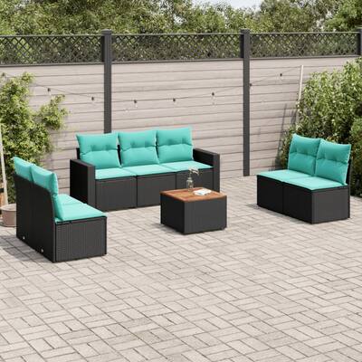vidaXL 8 Piece Patio Sofa Set with Cushions Black Poly Rattan - 21.7 x 24.4 x 27.2