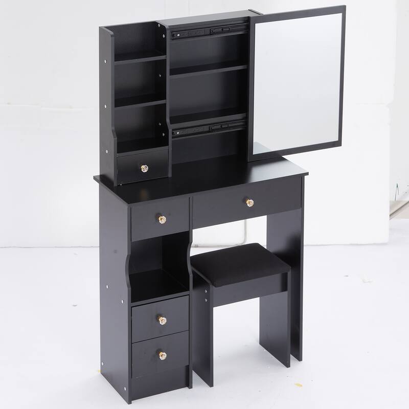29.2" Small Space Left Drawer Desktop Vanity Table + Cushioned Stool, Extra Large Right sliding mirror