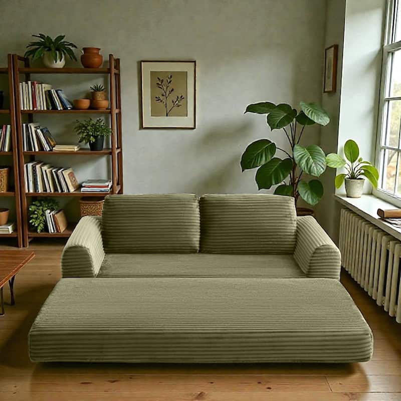 2 in 1 Folding Sofa Bed, Corduroy Convertible Sleeper Couch with Pillows, Boneless Futon Floor Sofa