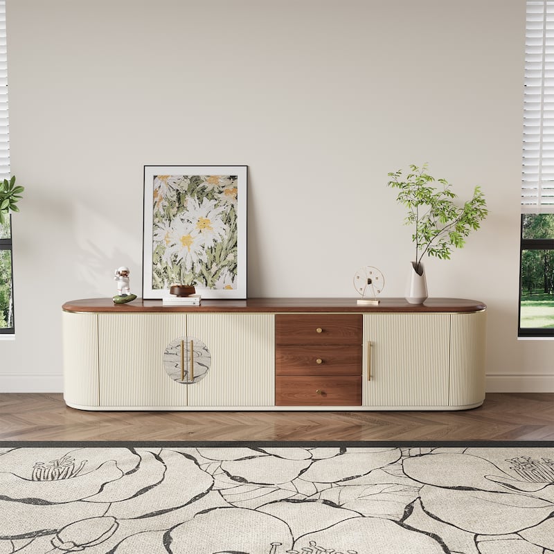78.74" Mid-Century TV Stands, Fully Assembled,Brown Solid Wood Veneer, Media Console With 5 Cabinets+3 Drawers - 78.74 - 78.74