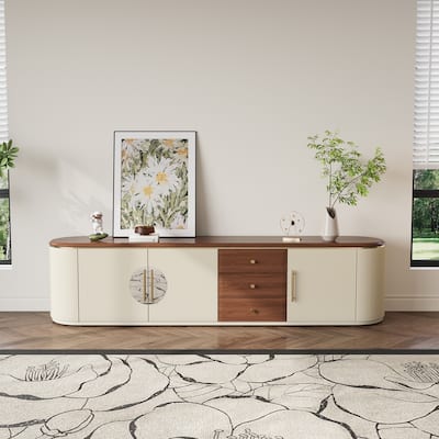 78.74" Mid-Century TV Stands, Fully Assembled,Brown Solid Wood Veneer, Media Console With 5 Cabinets+3 Drawers - 78.74