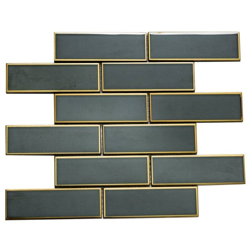 Athena 2x6 Matte Glass Subway Mosaic Tile - Wall, Backsplash - 1 Sheet (1 Sq. ft.) - Black/ Gold
