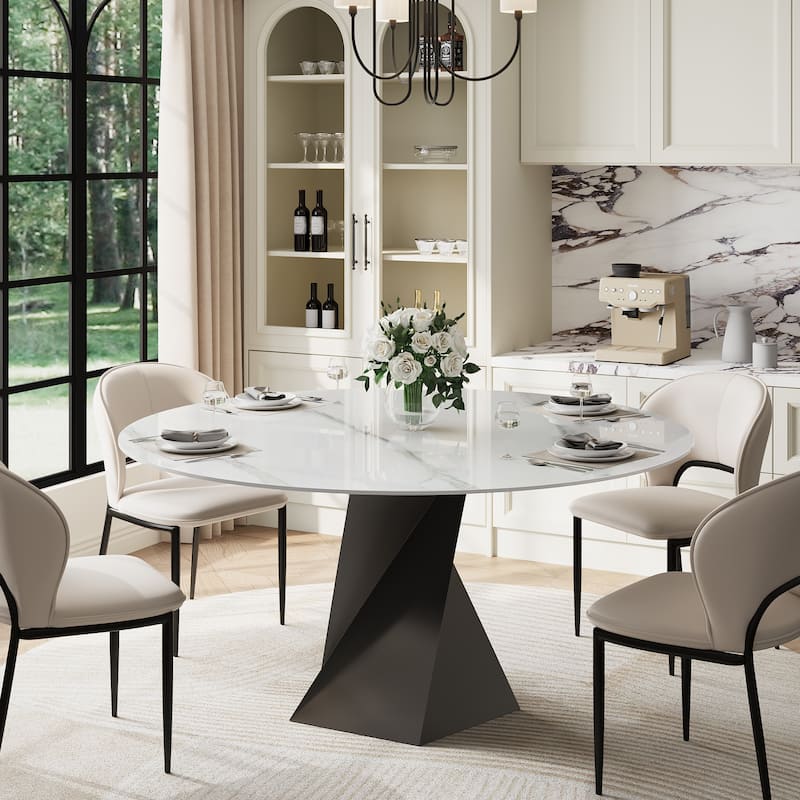 59" Modern Round Dining Table for 6-8, Glossy White Sintered stone Table top, Steel Grille column base - White+Black