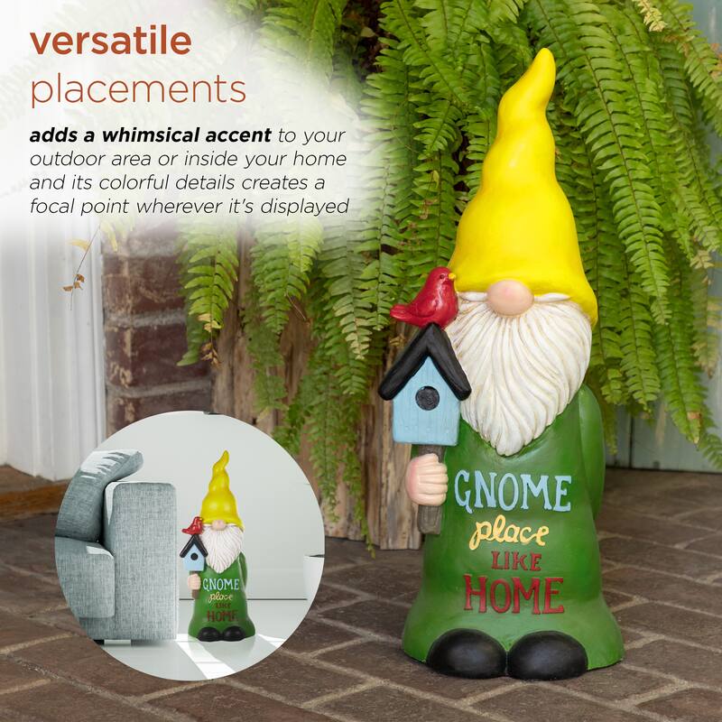 Alpine Corporation 24"H "Gnome Place Like Home" Indoor/Outdoor Garden Gnome Statue, Green/Yellow
