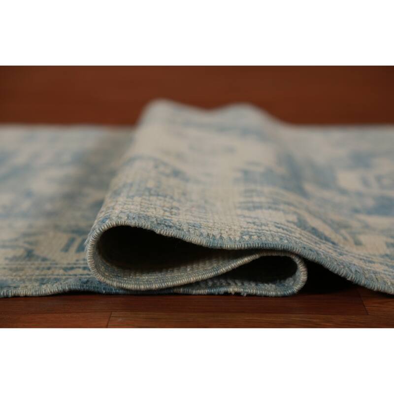 Hand Knotted Oriental 100% Wool Carpet Transitional Geometric Navy Blue & Blues Oushak Runner Rug - 14' 2'' X 3' 1''