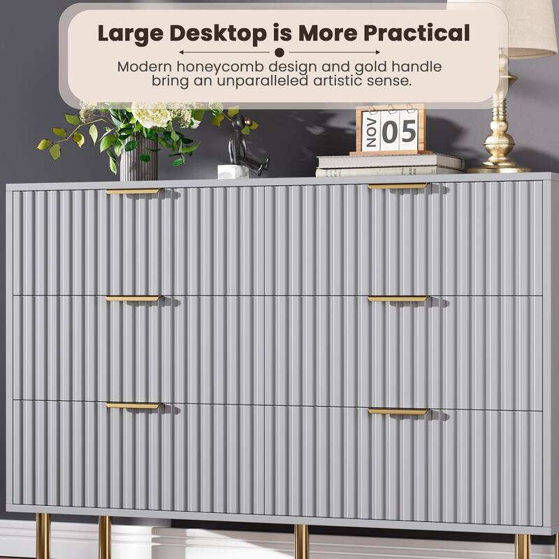 6 Drawer Fluted Dresser for Bedroom, Wide Modern Chest of Drawers, Long Double Dresser
