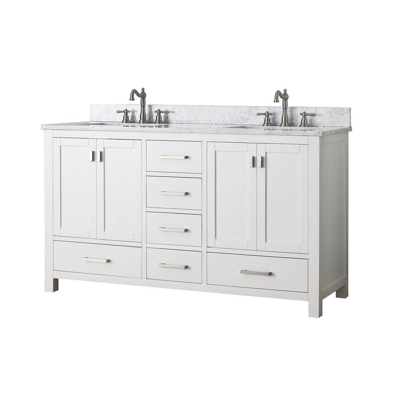 Modero 60 in. Double Sink Bathroom Vanity in White with Carrara Marble Top - 61"W x 22"D x 35"H
