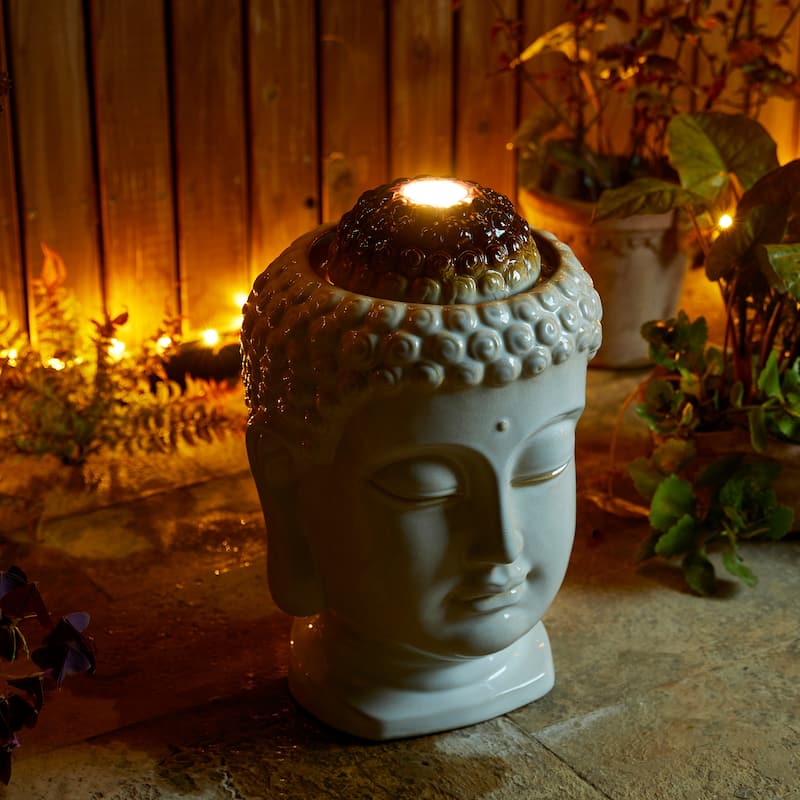Glitzhome Meditating Buddha Patio Floor Fountain with Lotus and LED