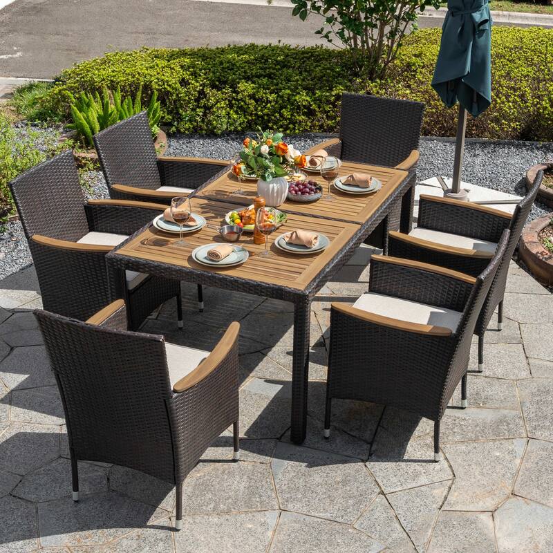 Patio Dining Table, Acacia Wood Top, PE Rattan-Wrapped Metal Frame, Black