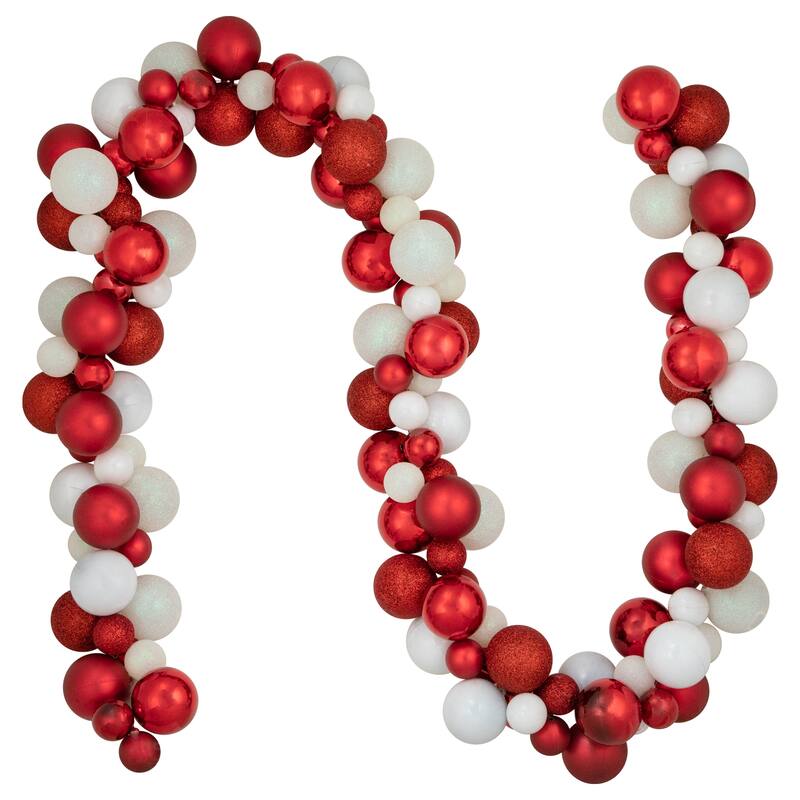Shatterproof 3-Finish Christmas Ball Garland - 6' x 3.5" - Red and White - Unlit