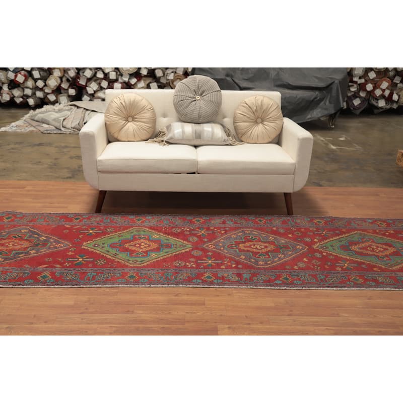 Hand Knotted Oriental 100% Wool Carpet Traditional Geometric Red Tabriz Runner Rug - 14' 0'' X 3' 5''